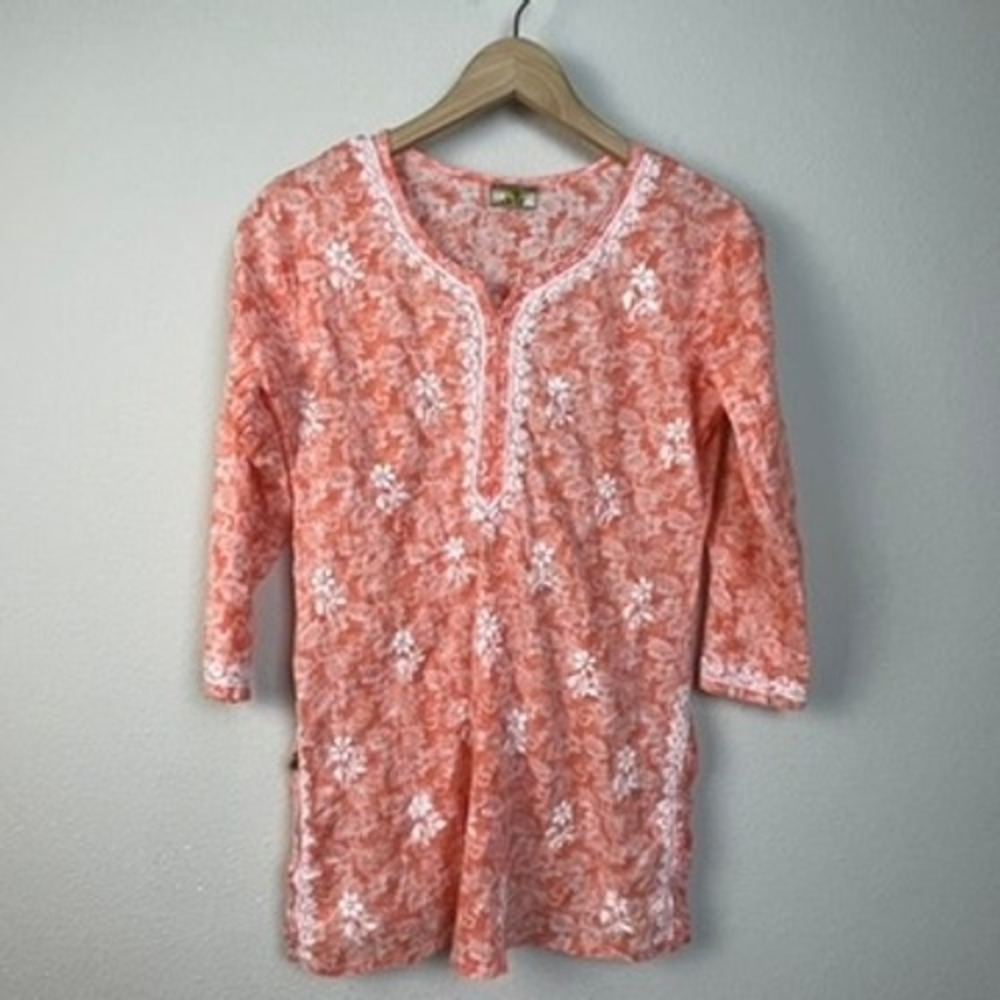 Ada Embroidered Indie Tunic Top Coral Floral Print 3/4 Sleeve Coastal Women's‎ S